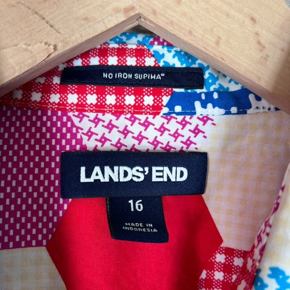 Lands End Womens Button Up Top Size 16 1X Patchwork No Iron Career Office Artsy - Picture 3 of 9